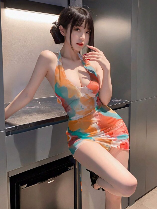 Women's colorful abstract print halter bodycon mini dress with a deep V-neck, sleeveless fitted design, and soft stretch fabric, ideal for summer parties, vacations, and clubwear.