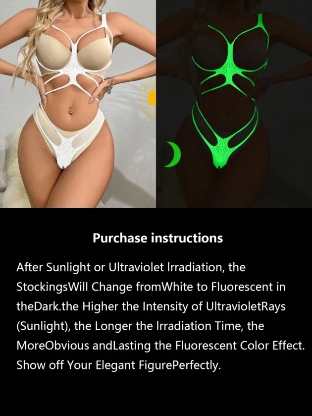 Women's neon glow party lingerie featuring a UV-reactive fishnet design with vibrant colors and a comfortable stretch fit.