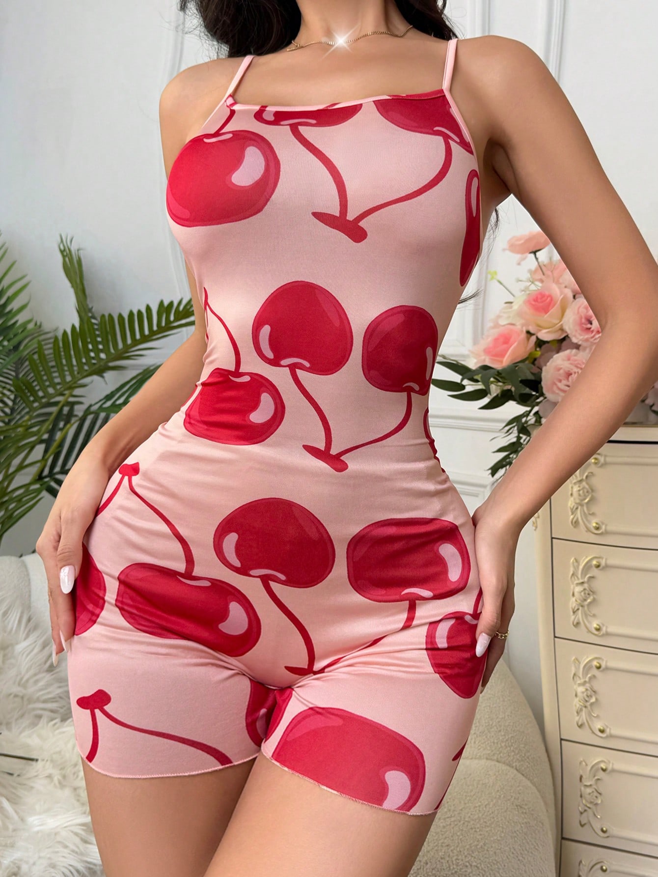 Women's Cherry Print Strap Romper Pajamas Set - Image 4