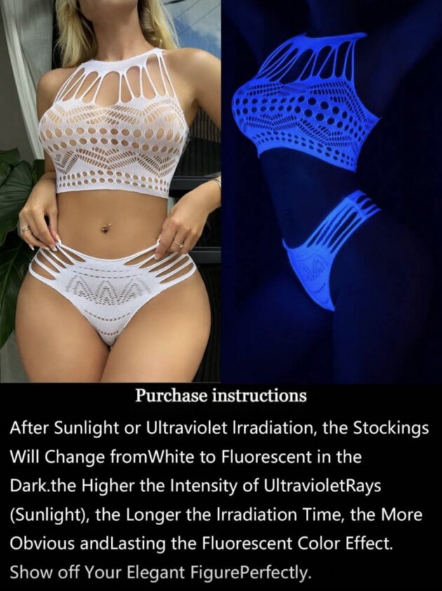 Women's white hollow-out two-piece lingerie set with spaghetti straps that glows blue in the dark after exposure to sunlight or UV light.