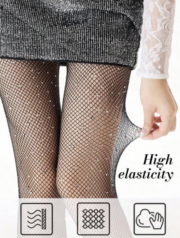 Women's rhinestone fishnet tights featuring sparkling crystal embellishments, breathable stretch mesh, and a comfortable fit for spring and summer wear.