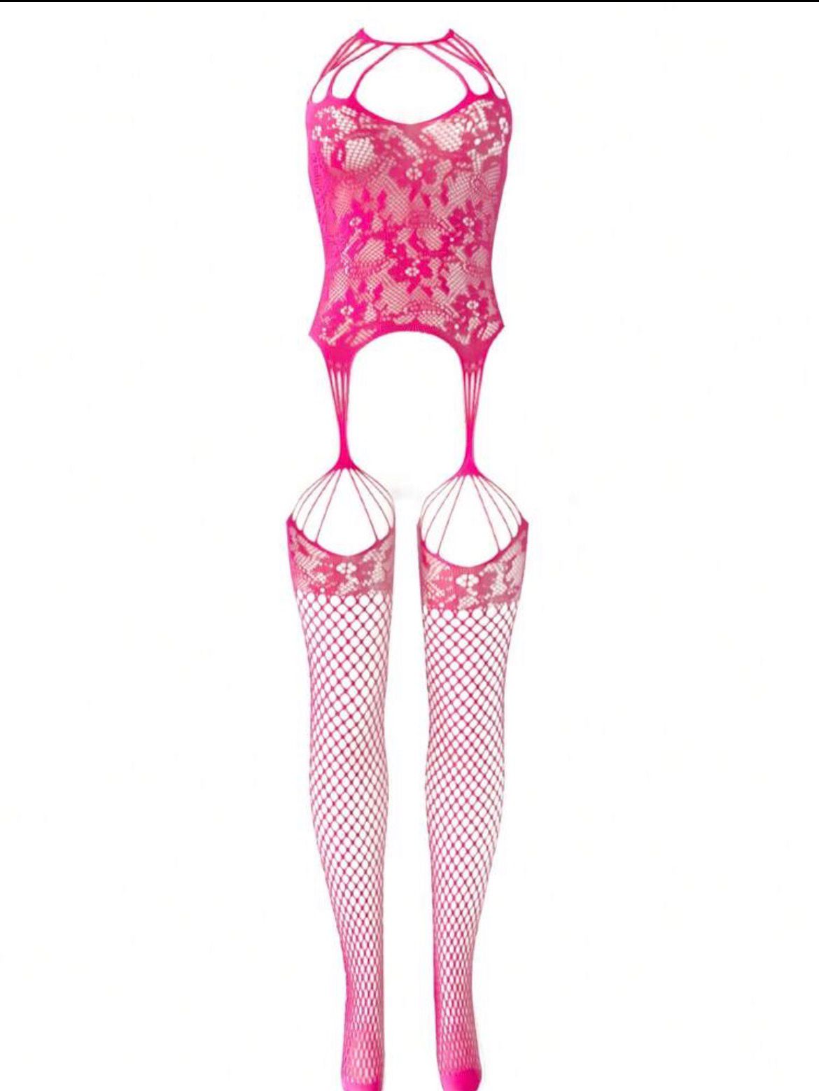 Women's pink floral fishnet body stocking - Image 3