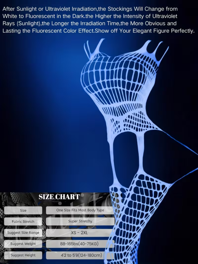 Women's luminous fishnet stockings bodysuit featuring a glow-in-the-dark stretch mesh design for a flattering and comfortable fit.