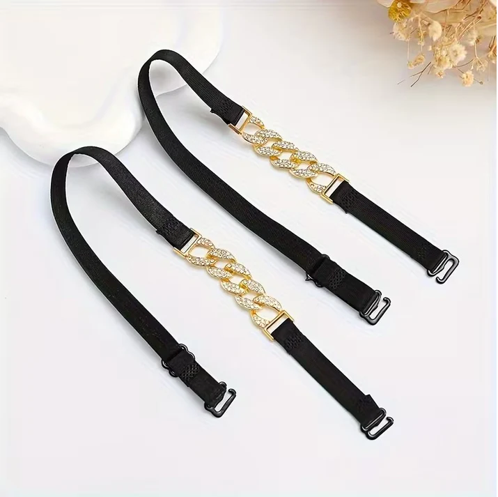 Adjustable rhinestone bra straps with sparkling crystal embellishments for bras, dresses, lingerie, and evening wear.