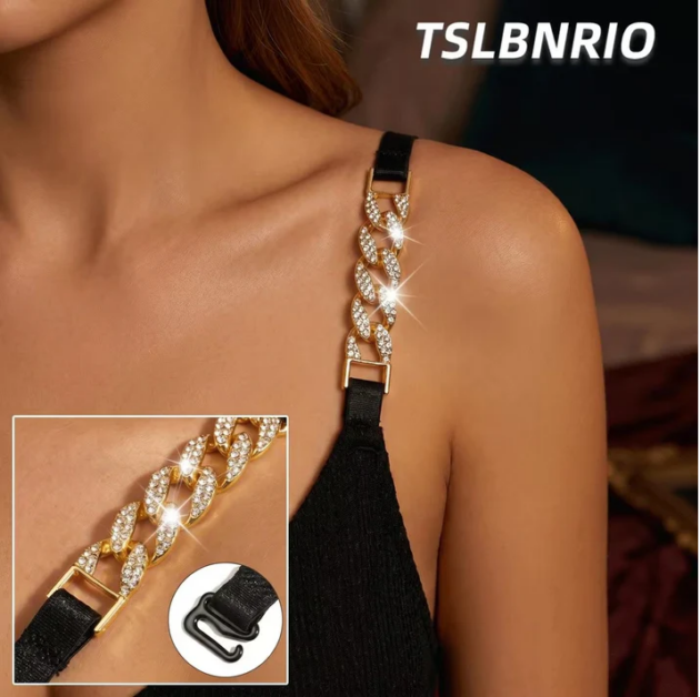Adjustable rhinestone bra straps with sparkling crystal embellishments for bras, dresses, lingerie, and evening wear.